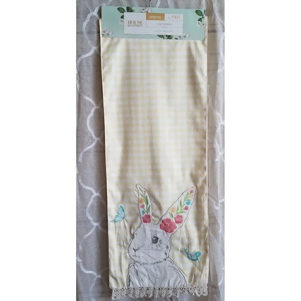 House & Garden Yellow Gingham Embroidered Bunny  Easter Table Runner 14 X 72